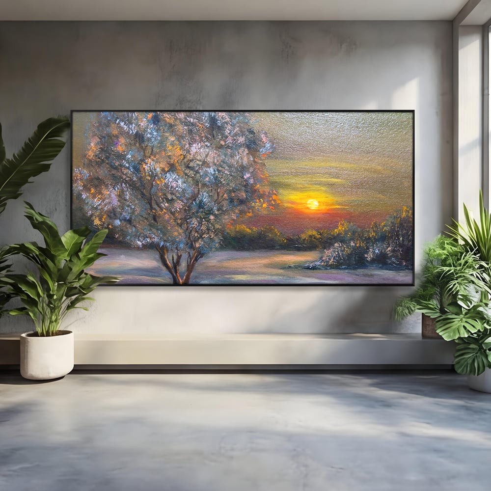 Tablou canvas cu pictura peisaj cu copac si apus, in rama de aluminiu negru